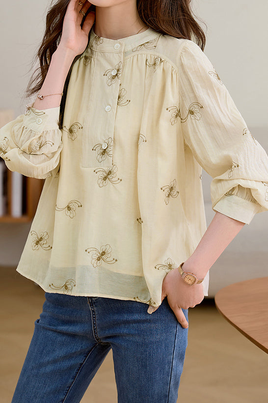 バンドカラー短冊開きフラワー刺繡ブラウス　裏地付 - liwisi
