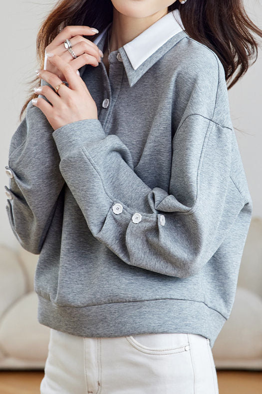 Casual Double-Layer Polo Collar Pleated Loose Long-Sleeve Hoodie - liwisi