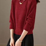 Elegant Pearl Lapel Raglan Sleeve Knit Sweater