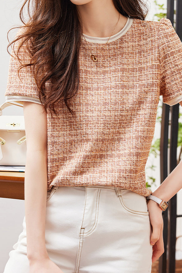 シャネル風ラウンドネックチェックTシャツ - liwisi