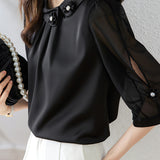 Diagonal Shirt Collar 3D Flower Pearl Decor Satin Blouse - 2 Colors Available