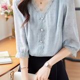 V-Neck Star Pattern Lace Hem Short Sleeve Blouse with Lining