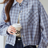 Casual Commuter Lapel Plaid Button‑Front Long‑Sleeve Blouse