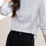 Elegant Office Stand-Collar Long-Sleeve Striped Paneled Blouse - liwisi