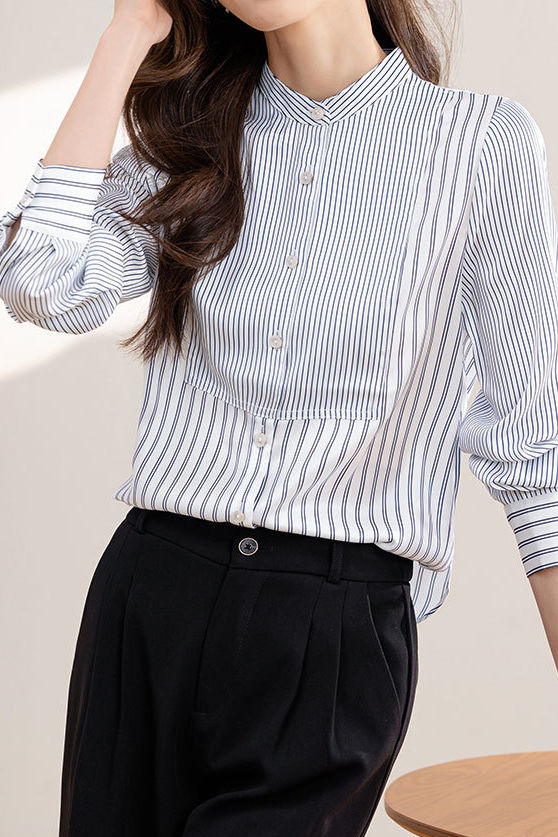 Elegant Office Stand-Collar Long-Sleeve Striped Paneled Blouse - liwisi