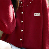 Elegant Pearl‑Trim Collar Label Cardigan