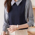 Commuter Versatile Polo Collar Stripe Long-Sleeve Fake Two-Piece Sweatshirt - liwisi
