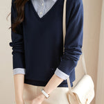 Casual Office Polo Collar Spliced Fake Two-Piece Knit Top - liwisi