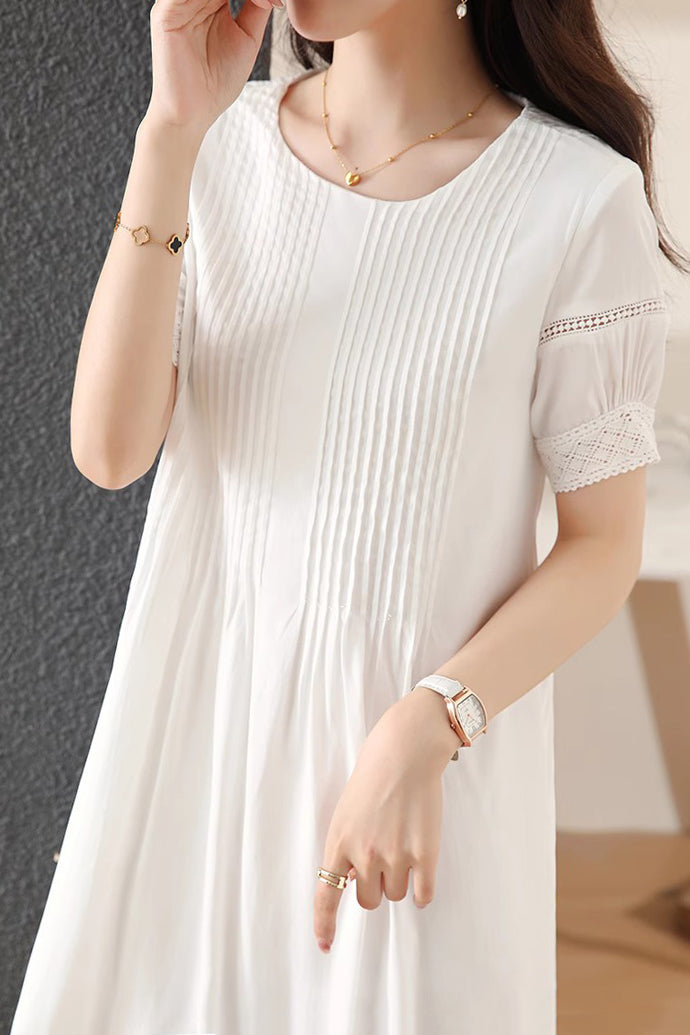 ラウンドネックピンタックレース切替ワンピース　インナー付　2色入 - liwisi