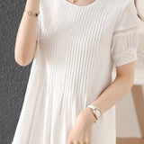 ラウンドネックピンタックレース切替ワンピース　インナー付　2色入 - liwisi