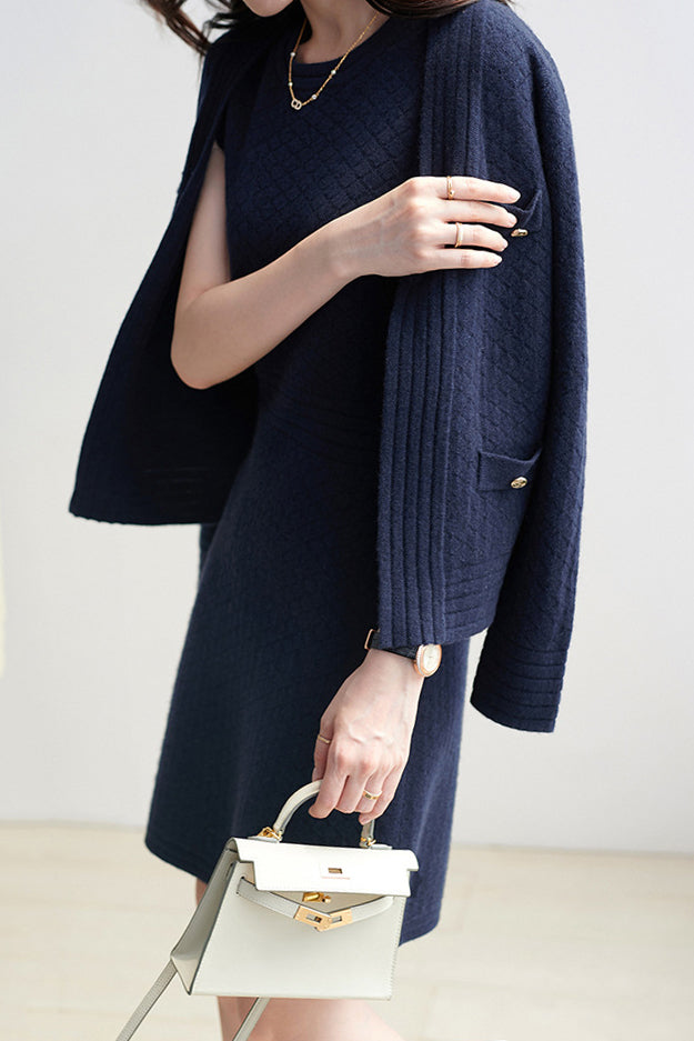 二点セット　Vネックリブヘム菱柄ニットカーディガン＋ラウンドネック菱柄タイトニットタンクワンピース　2色入 - liwisi