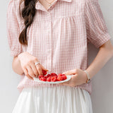 Casual Commuter Plaid Small Lapel Lantern Sleeve Blouse