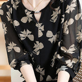 Lubang kunci leher bijou hiasan ribbon print puff blaus