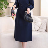 Elegant Commuter Midi Crew Neck Dress With Buttons & Waist Tie