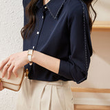 French Commuter Lapel Topstitch Long Sleeve Chiffon Blouse