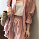 Two-Piece Set: Back Slit Sheer Shirt with Tie Belt + Front Tuck Shorts with Lining - 3 Colors Available