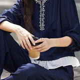 Elegant Casual Crew Neck Embroidered Lantern‑Sleeve Top And Wide‑Leg Pants Set