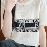 Elegant Commuter Crew Neck Jacquard Letter Short-Sleeve Knit T-Shirt
