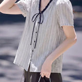 Sophisticated Commuter Vertical Striped Shirt With Contrast Ruffled Trim And Self-Tie Sash