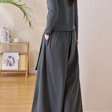 Casual Commuter Crew Neck Twisted Tie Long‑Sleeve Top Wide‑Leg Pants Set