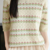Exquisite Commuter Diamond Hollow Jacquard Crew Neck Elbow Sleeve Knit Top