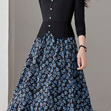 Exquisite Elegant V‑Neck Floral‑Print Fake Two‑Piece Long‑Sleeve Dress