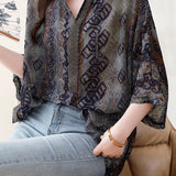 Skipper Collar Rhinestone Decor Printed Tunic