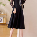 Elegant Commuter V‑Neck Printed Long‑Sleeve Dress With Ribbon And Mesh Splicing