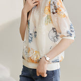 Round Neck Flower Embroidered Printed T-Shirt with Lining