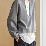 Casual Fake Two-Piece Hoodie With Striped Hem Splicing