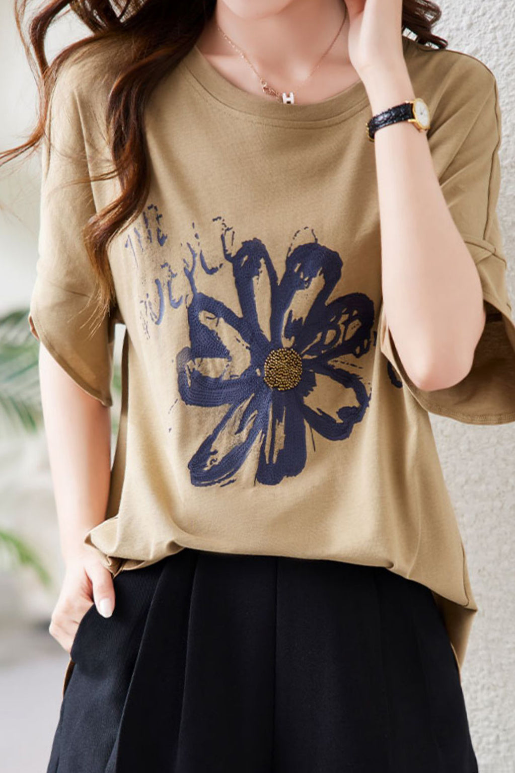 ビーズ装飾アートフラワープリントTシャツ - liwisi