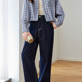 Casual Commuter Lapel Plaid Button‑Front Long‑Sleeve Blouse