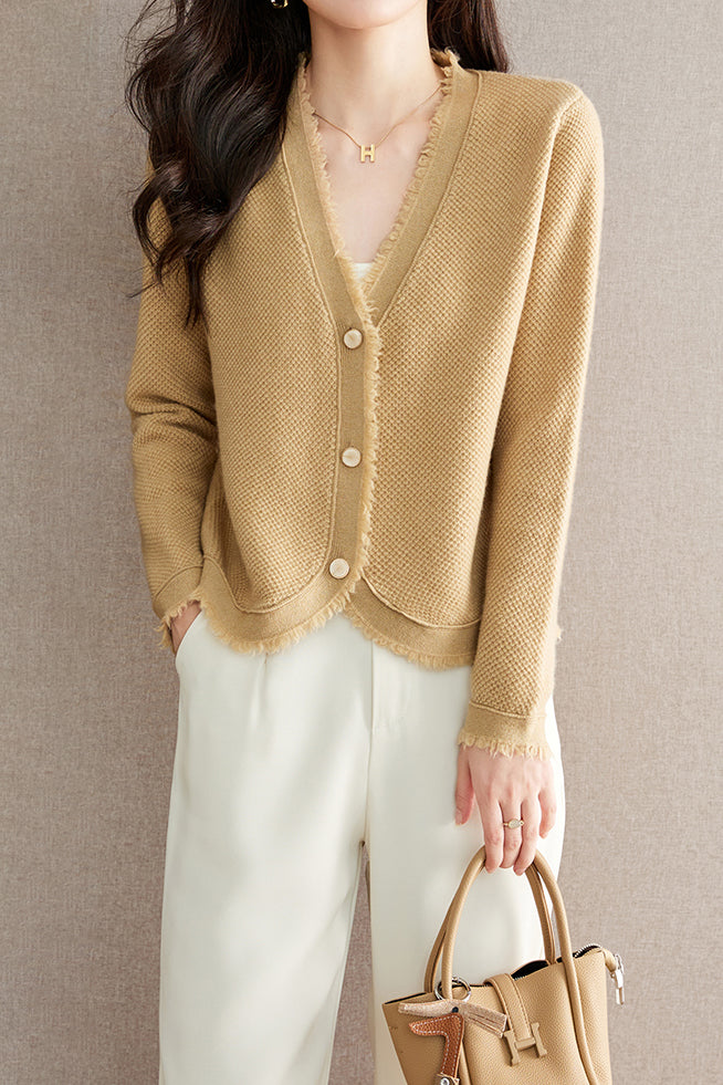 シャネル風Ⅴネックフリンジ装飾ニットカーディガン　2色入 - liwisi