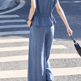 Casual Lapel Tie Waist Blouse And Trousers Two-Piece Set