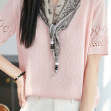 Casual Round Neck Scarf Decor Short Sleeve Knit Sweater