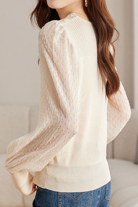 Elegant Lace Spliced Long-Sleeve Slim Knit Top - liwisi