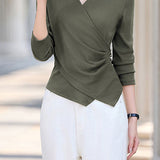 Elegant Commuter V-Neck Cross Ruched Irregular Hem T-Shirt