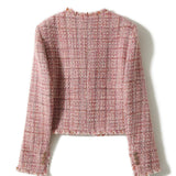 Chanel-Inspired Round Neck Fringe Tweed Jacket with Lining