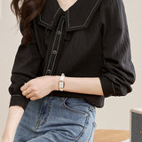 Ribbon Tie Stitch Decor Long Sleeve Blouse