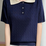 Elegant Commuter Color Contrast Cable Knit Short Sleeve Top