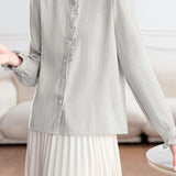 Elegant Vertical Shimmer Stripe Ruffled Blouse