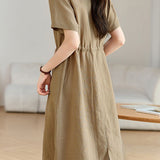 Exquisite Elegant V-Neck Drawstring Waist Short-Sleeve Dress