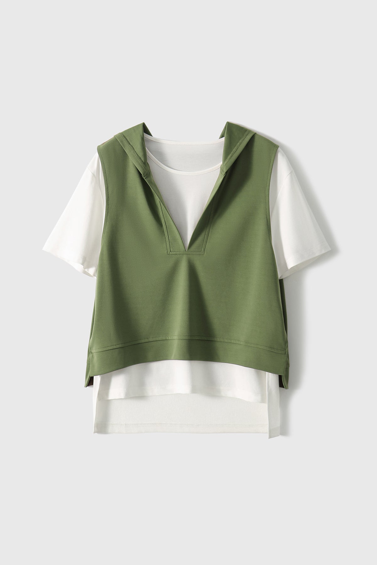 三点セット　フード付Vネックシンプルベスト＋ラウンドネックベーシックTシャツ＋フロントスリットシンプルスカート　3色入 - liwisi