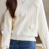 Elegant Loose Lantern Sleeve 3D Flower Pullover Sweater