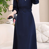 Elegant Commuter Midi Crew Neck Dress With Buttons & Waist Tie