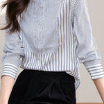 Elegant Office Stand-Collar Long-Sleeve Striped Paneled Blouse - liwisi