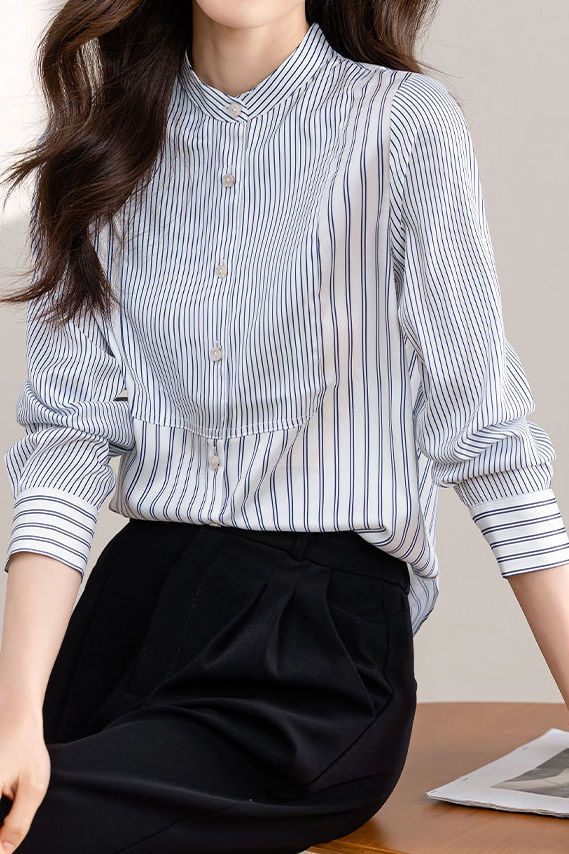 Elegant Office Stand-Collar Long-Sleeve Striped Paneled Blouse - liwisi