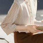 Elegant Office Stand-Collar Polka-Dot Pleated Puff-Sleeve Blouse - liwisi