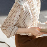 Elegant Office Stand-Collar Polka-Dot Pleated Puff-Sleeve Blouse - liwisi