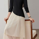 Elegant Commuter V‑Neck Fake Two‑Piece Spliced Long‑Sleeve Dress